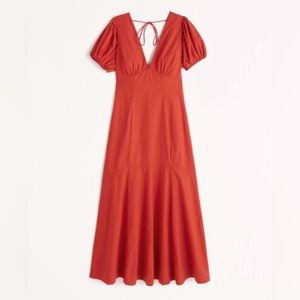 Abercrombie fitch red summer maxi dress v neck puff sleeve